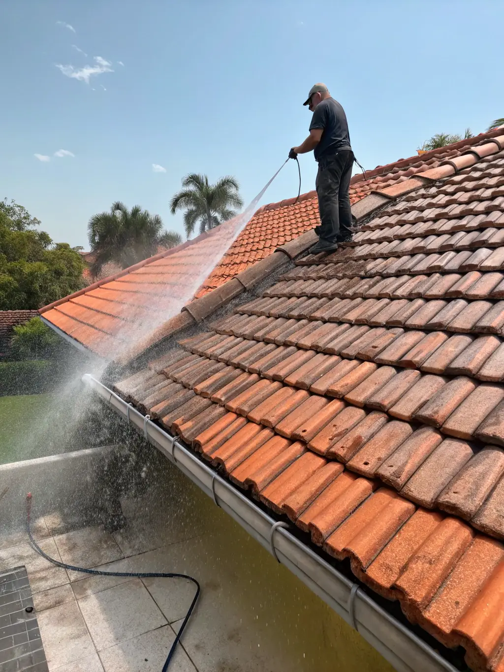 A close-up of a roof being soft washed, demonstrating the gentle yet effective cleaning process used by A Clean Look Pressure Washing LLC.