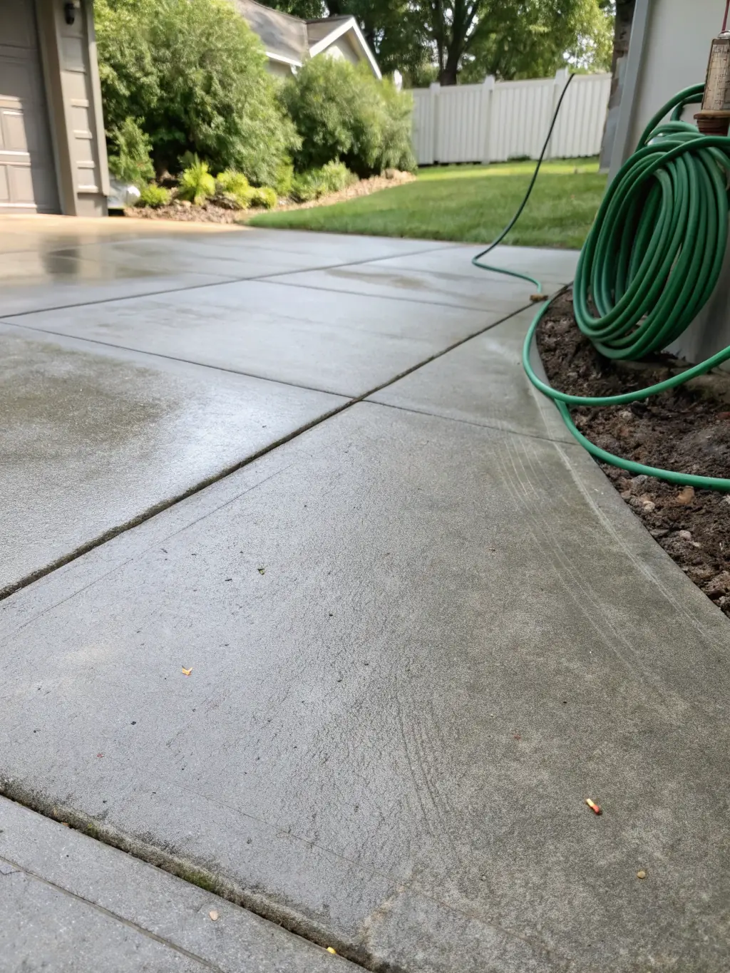 A residential driveway being pressure washed, with a clear difference between the clean and dirty sections, showcasing the effectiveness of A Clean Look Pressure Washing LLC's service.