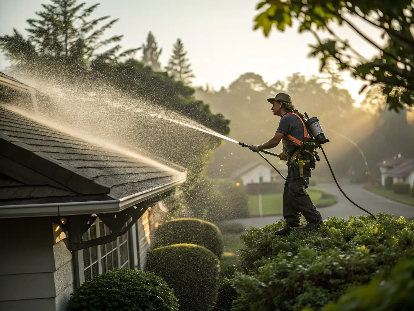 An image of a technician applying soft washing solution to a roof with a gentle spray, showcasing care and precision in soft washing services.