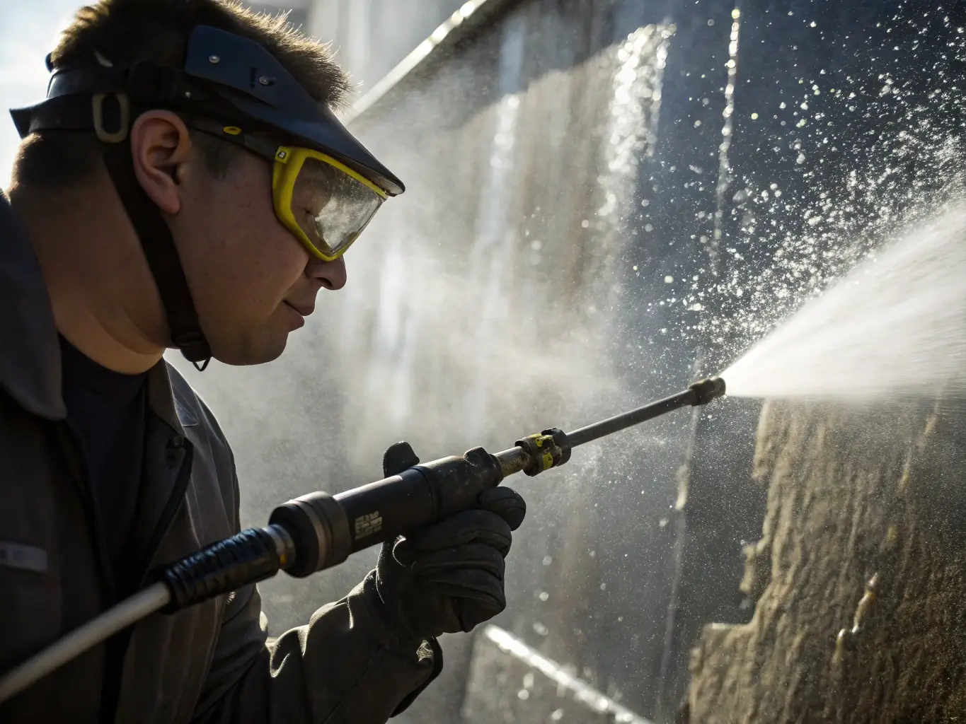 An image showing a professional pressure washing a driveway with a high-powered nozzle, water spray in action, demonstrating the effectiveness of pressure washing services.