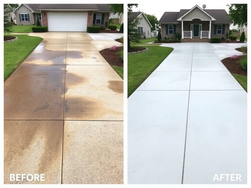 Close-up of a stained concrete surface before and after stain removal, highlighting the transformation achieved through specialized stain removal services.